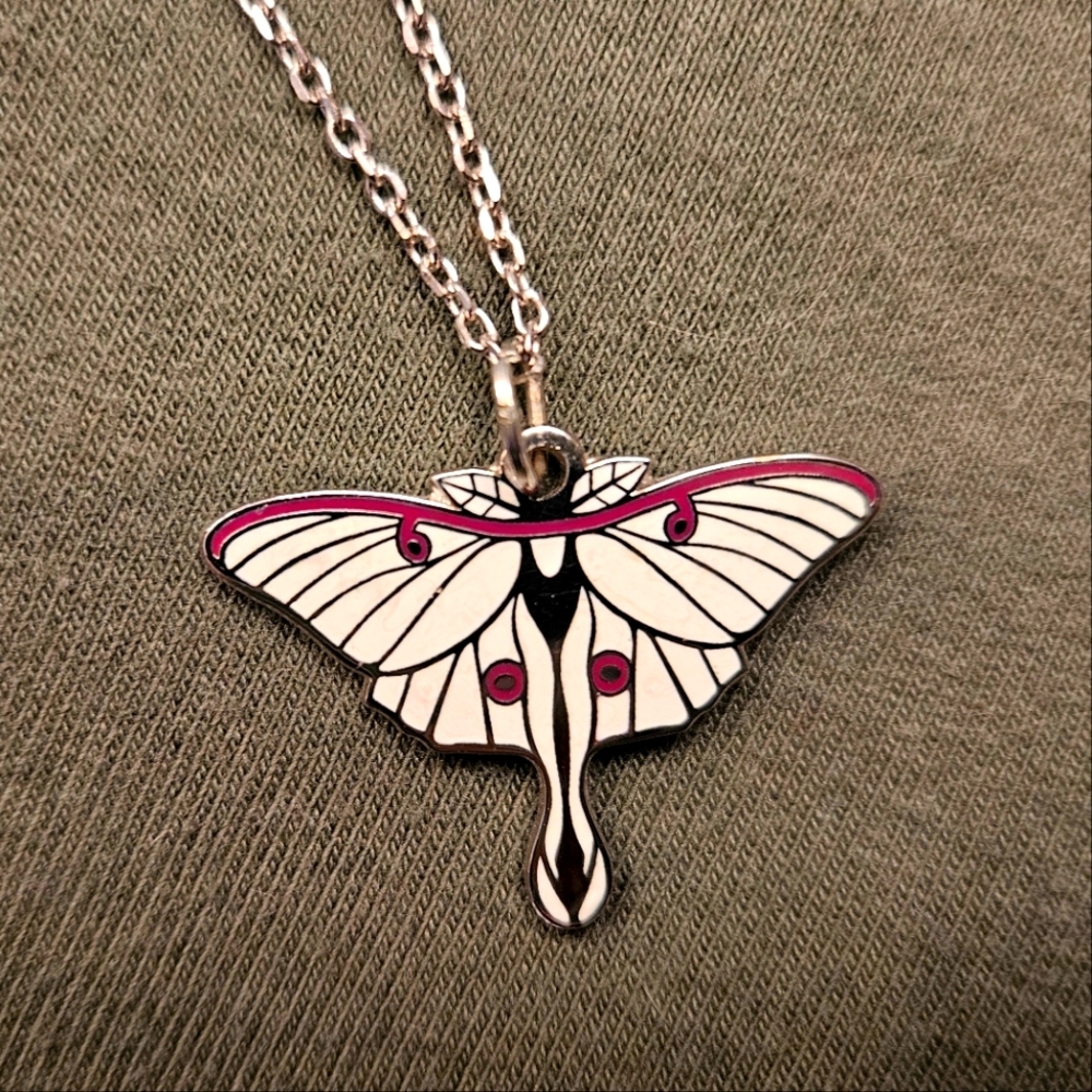 Alex and Ani Luna Moth Pendant - Enamel White, Pink on Silver